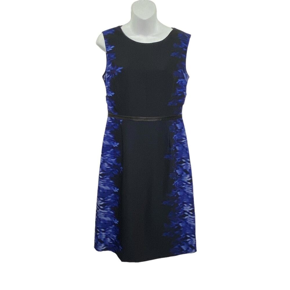 Elie Tahari Dress Womens 8 Silk Sheath Navy Blue leather band Lined Sleeveless